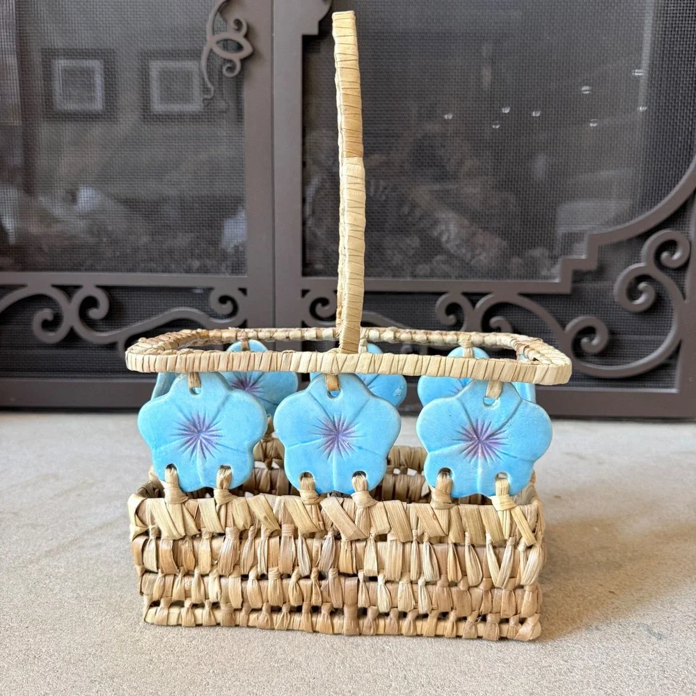 Vintage Woven Straw Basket Ceramic Blue Morning Glory Flowers Bohemain Caddy